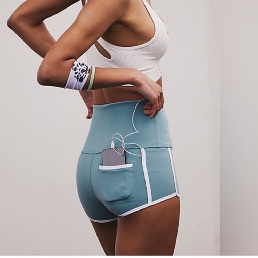 FP Movement by Free People Light Teal Athletic High-Waist Shorts with White Trim